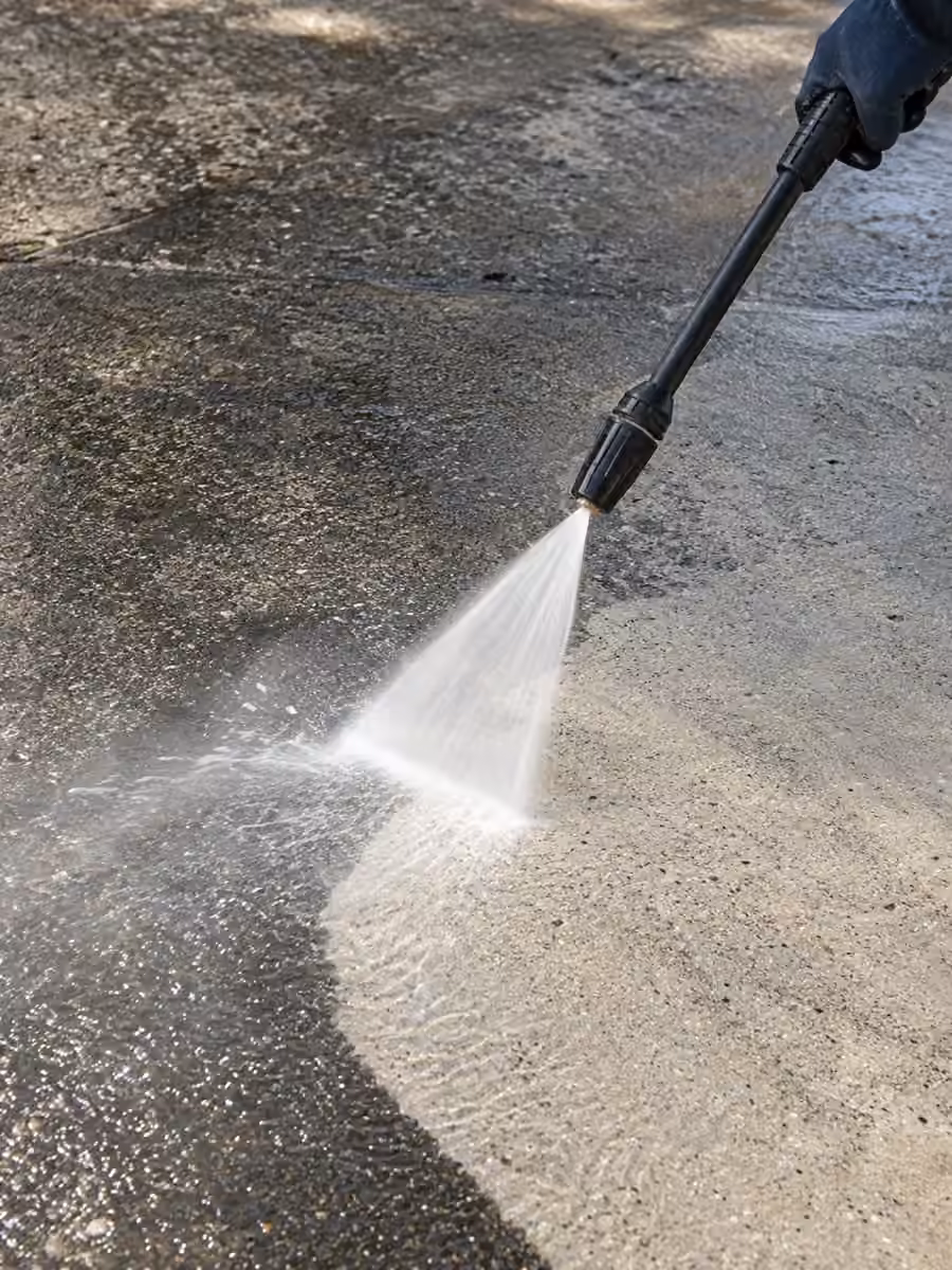 Illustrative close-up of a pressure-washer spray lifting dirt from concrete paving
